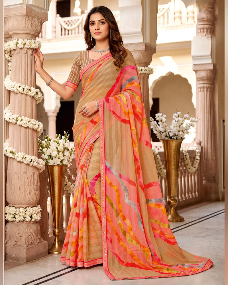 Vishal Prints Pale Brown Digital Print Chiffon Saree With Fancy Border