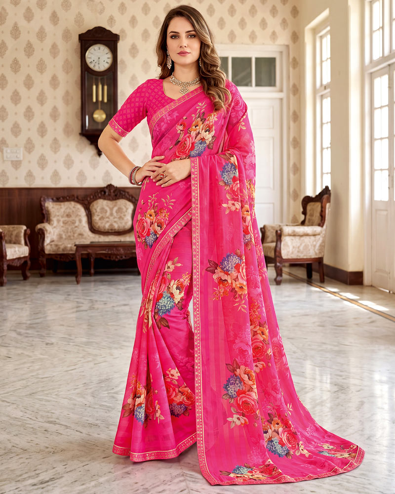 Vishal Prints Raspberry Pink Digital Print Chiffon Saree With Fancy Border
