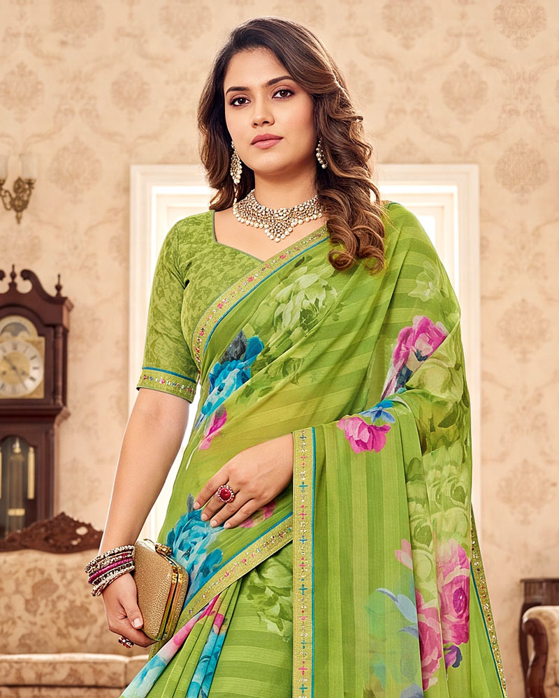 Vishal Prints Avocado Green Digital Print Chiffon Saree With Fancy Border