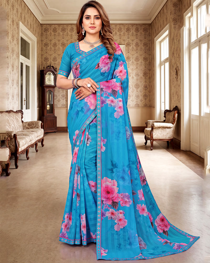 Vishal Prints Dark Sky Blue Digital Print Chiffon Saree With Fancy Border