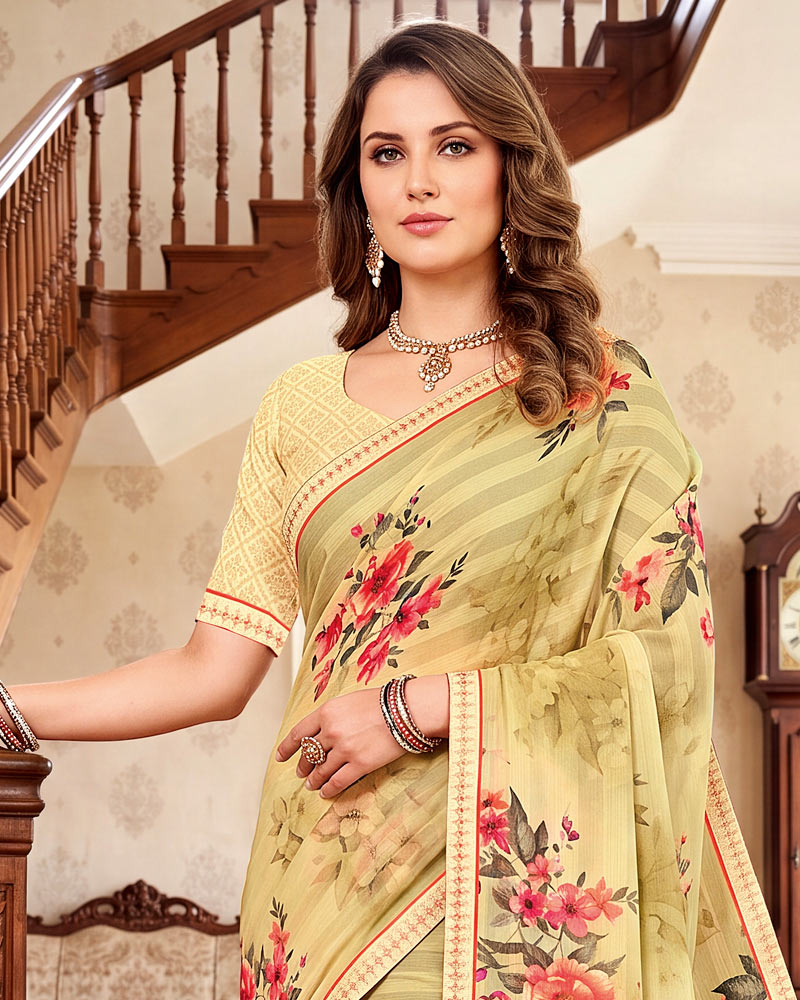 Vishal Prints Light Yellow-Brown Digital Print Chiffon Saree With Fancy Border