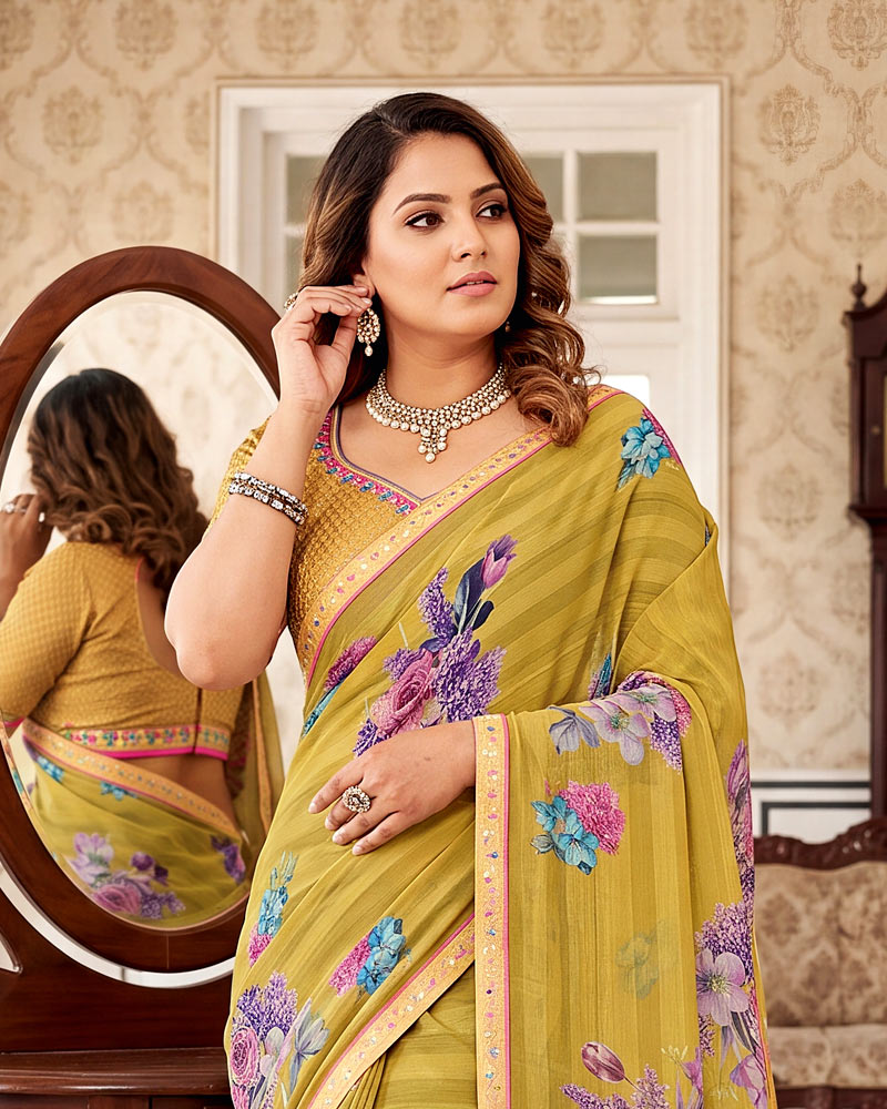 Vishal Prints Light Mustard Brown Digital Print Chiffon Saree With Fancy Border