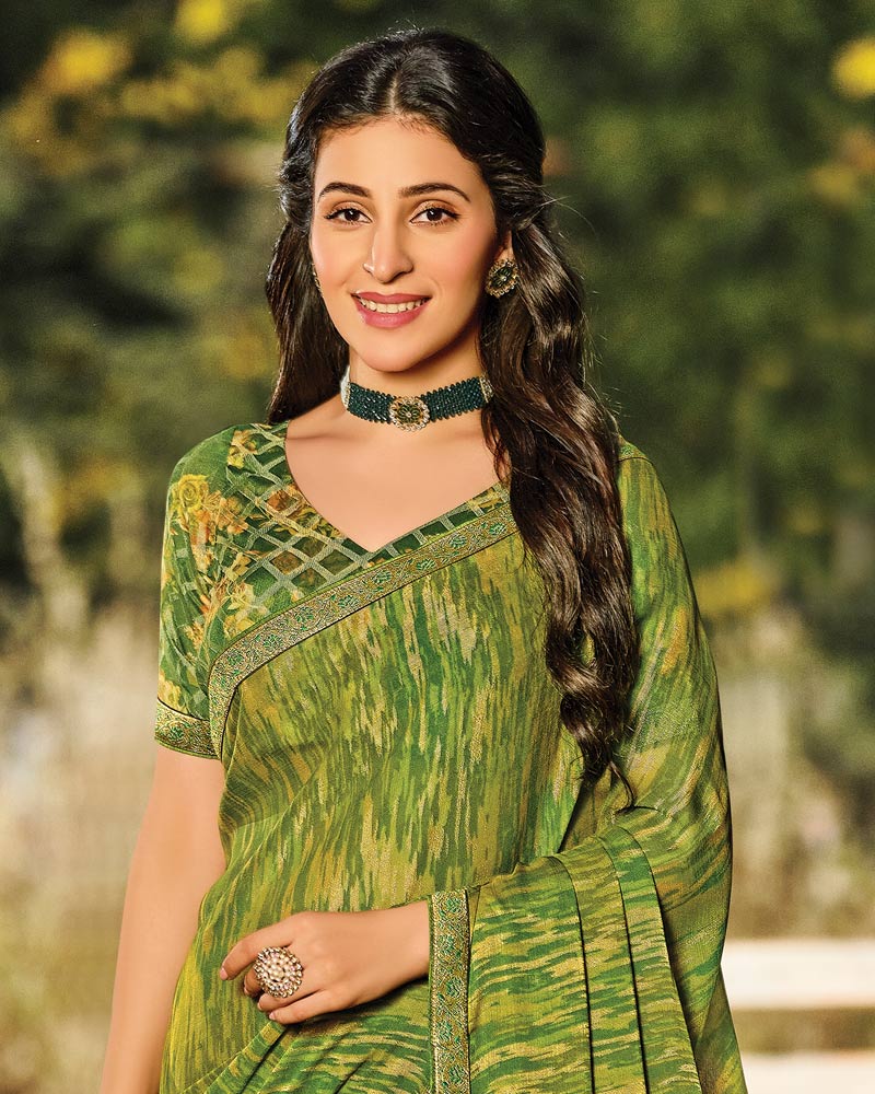 Vishal Prints Khaki Green Printed Silk Brasso Saree With Zari Border
