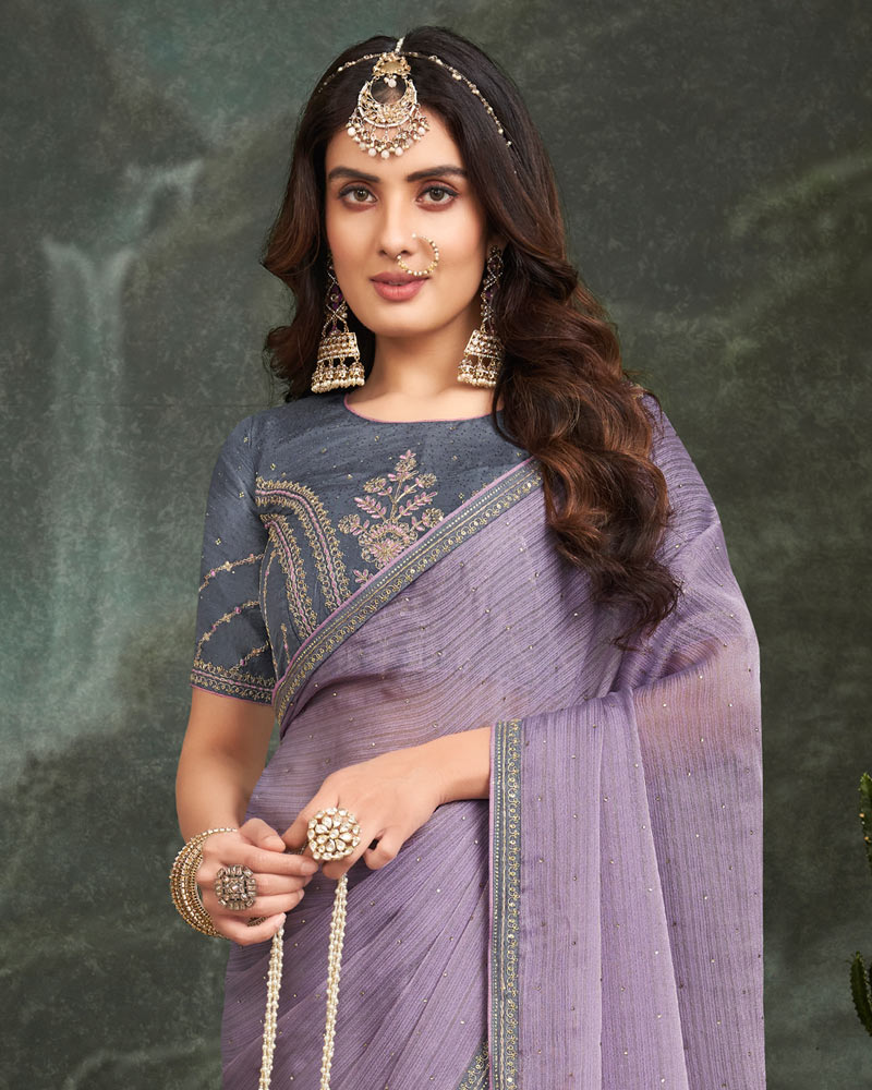 Vishal Prints Pastel Violet Fancy Chiffon Saree With Diamond Work And Designer Zari Border