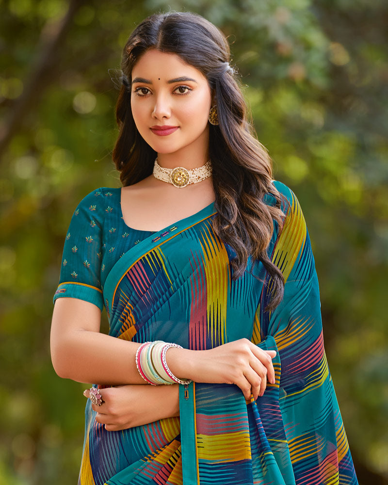 Vishal Prints Sherpa Blue Printed Georgette Saree With Fancy Border