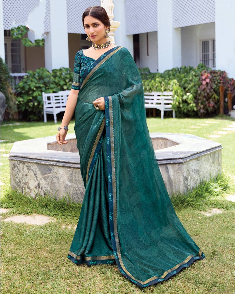 Vishal Prints Deep Sea Green Printed Fancy Chiffon Saree With Fancy Border