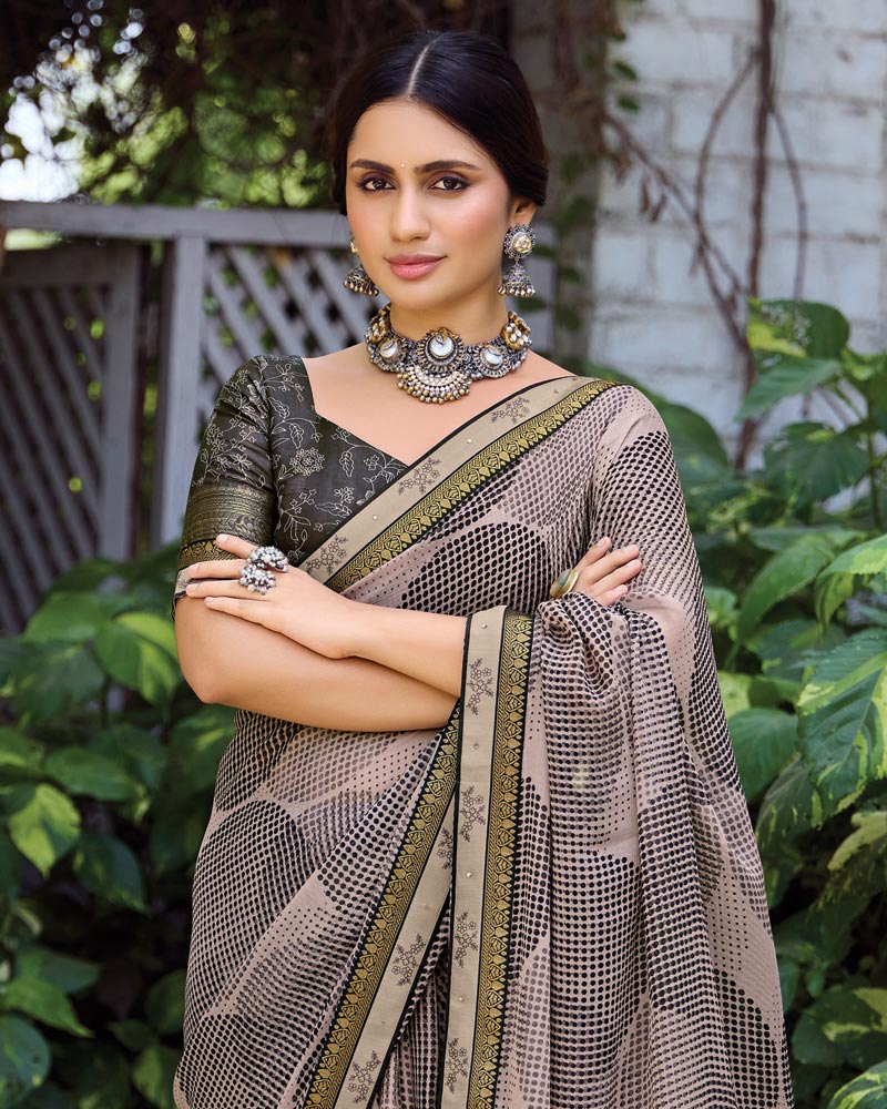 Vishal Prints Greyish Pink Printed Fancy Chiffon Saree With Fancy Border