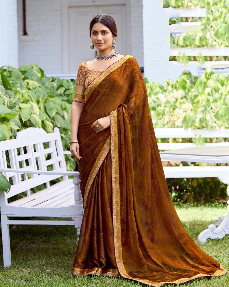 Vishal Prints Rust Printed Fancy Chiffon Saree With Fancy Border