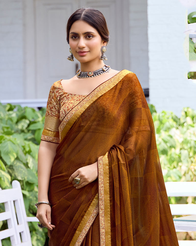 Vishal Prints Rust Printed Fancy Chiffon Saree With Fancy Border