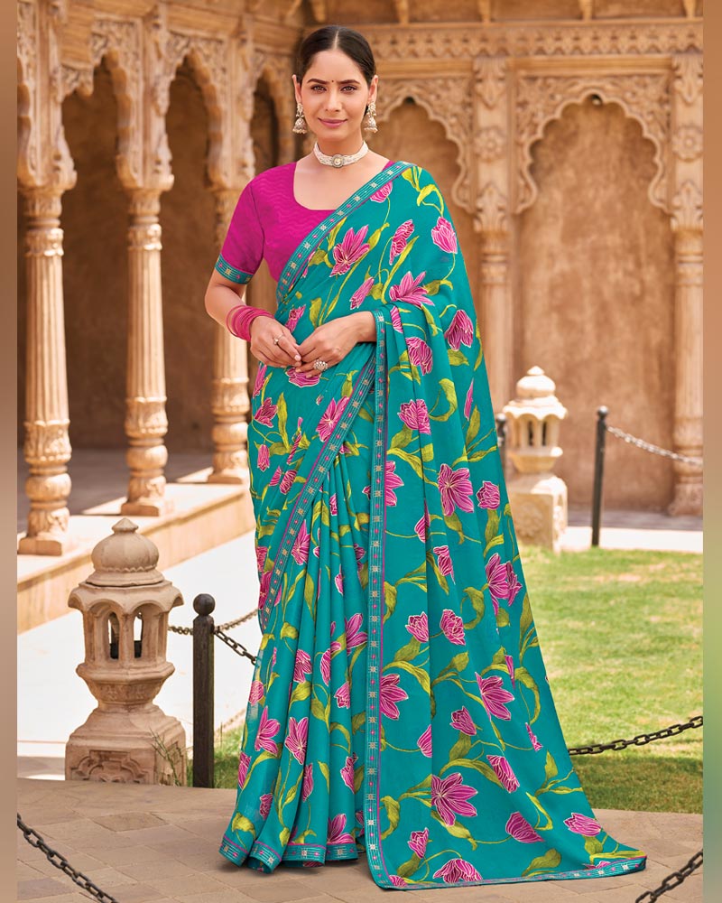 Vishal Prints Deep Sky Blue Fancy Chiffon Floral Print Saree With Fancy Border