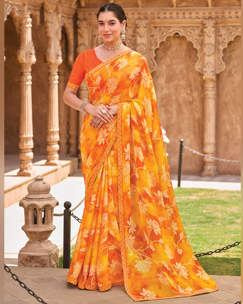 Vishal Prints Light Orange Fancy Chiffon Floral Print Saree With Fancy Border