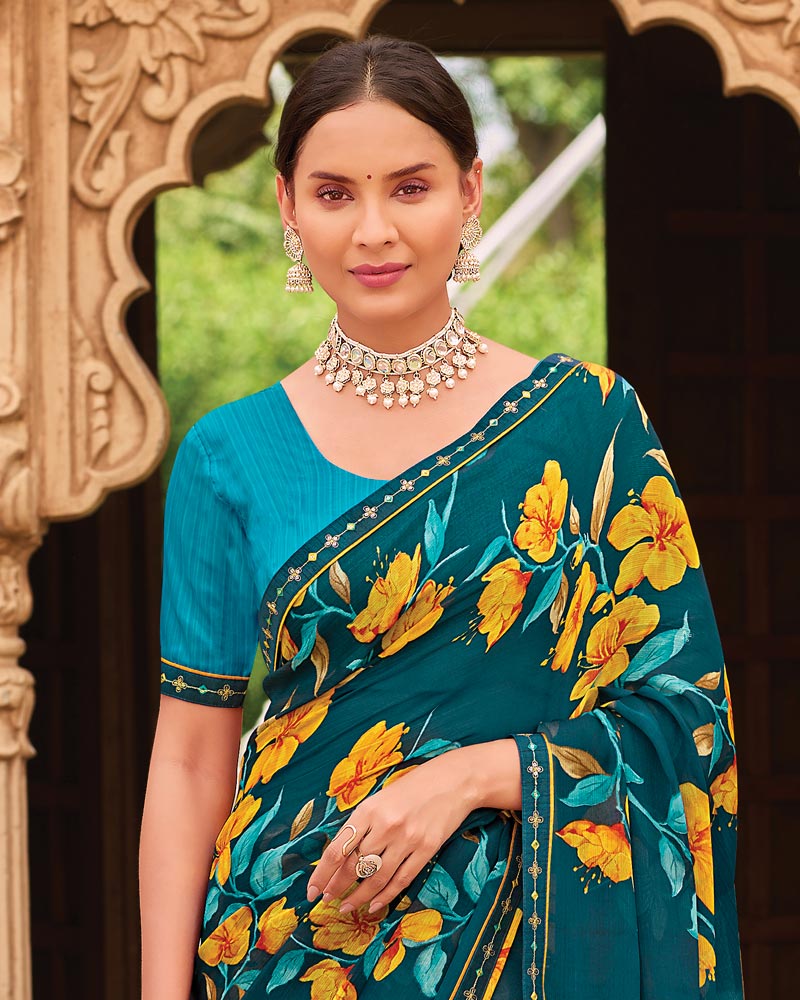 Vishal Prints Deep Teal Blue Fancy Chiffon Floral Print Saree With Fancy Border
