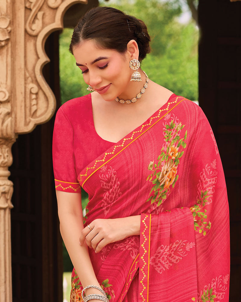 Vishal Prints Fuchsia Pink Fancy Chiffon Floral Print Saree With Fancy Border
