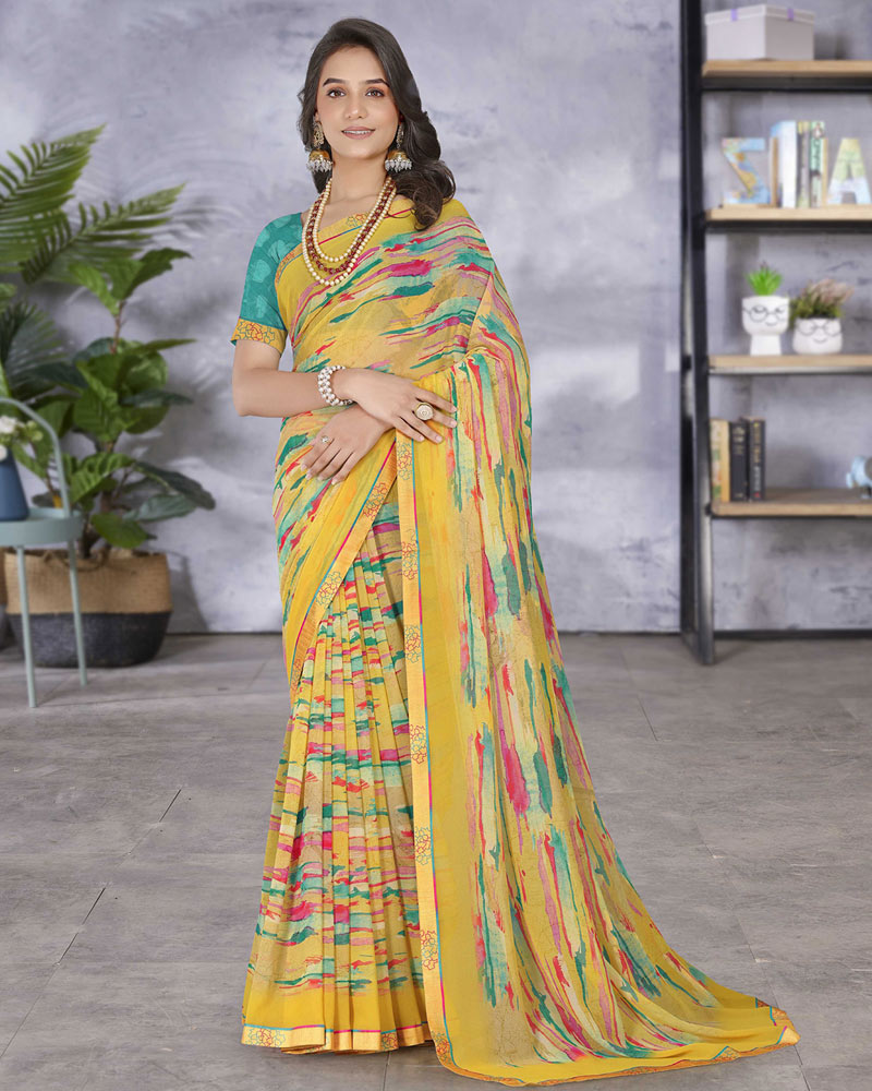 Mustard Foil Printed Georgette Saree main image 1