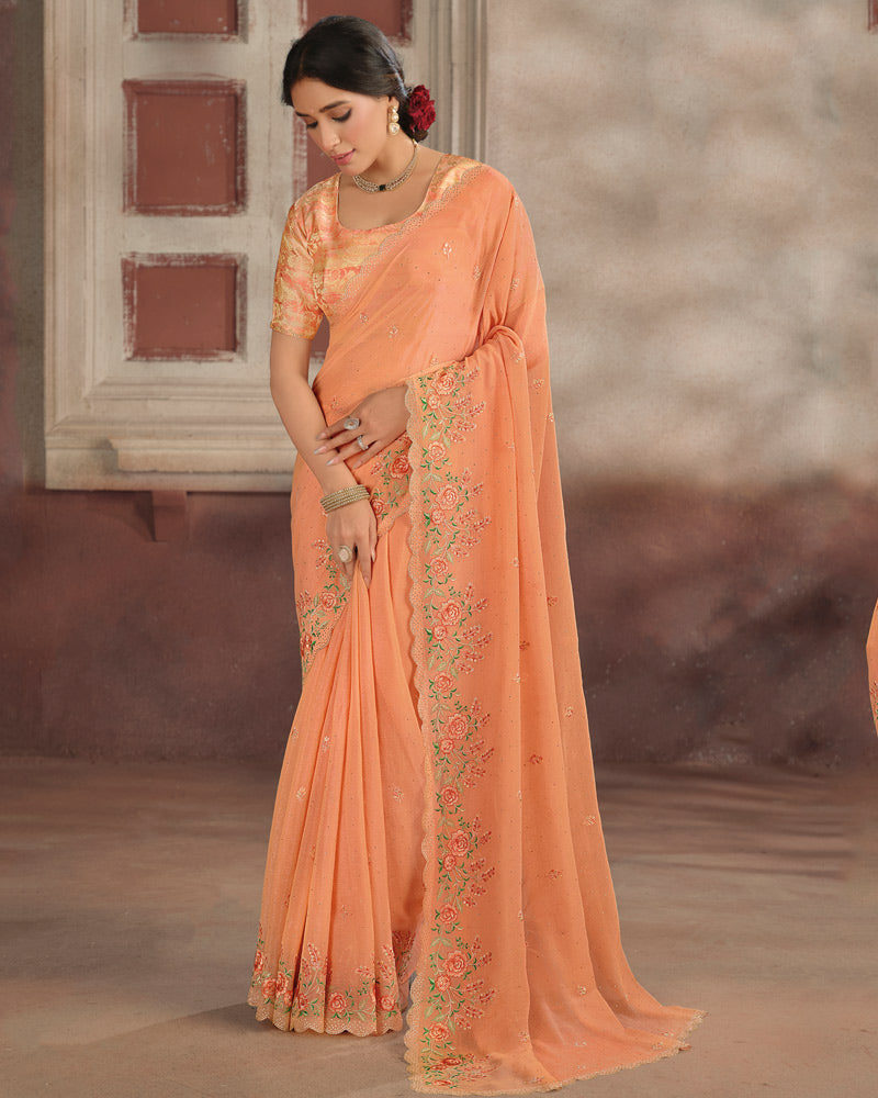 Vishal Prints Pastel Orange Designer Fancy Chiffon Embroidery Work Saree With Cut Work Diamond Border