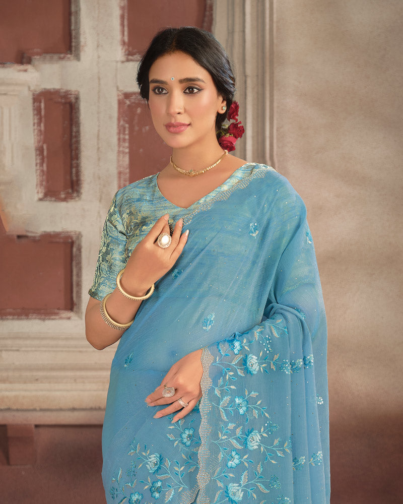 Vishal Prints Pastel Blue Designer Fancy Chiffon Embroidery Work Saree With Cut Work Diamond Border