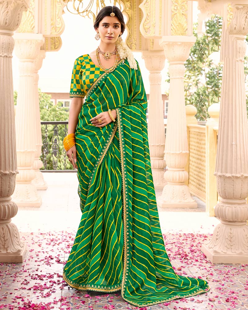 Vishal Prints Forest Green Printed Chiffon Traditional Saree With Fancy Embroidery Border