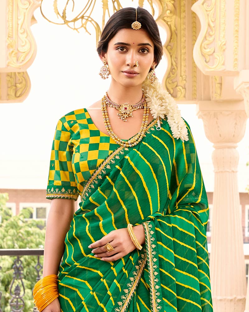 Vishal Prints Forest Green Printed Chiffon Traditional Saree With Fancy Embroidery Border