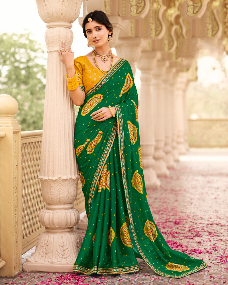 Vishal Prints Dark Green Printed Chiffon Traditional Saree With Fancy Embroidery Border