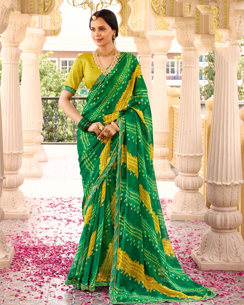 Vishal Prints Green Yellow Printed Chiffon Traditional Saree With Fancy Embroidery Border
