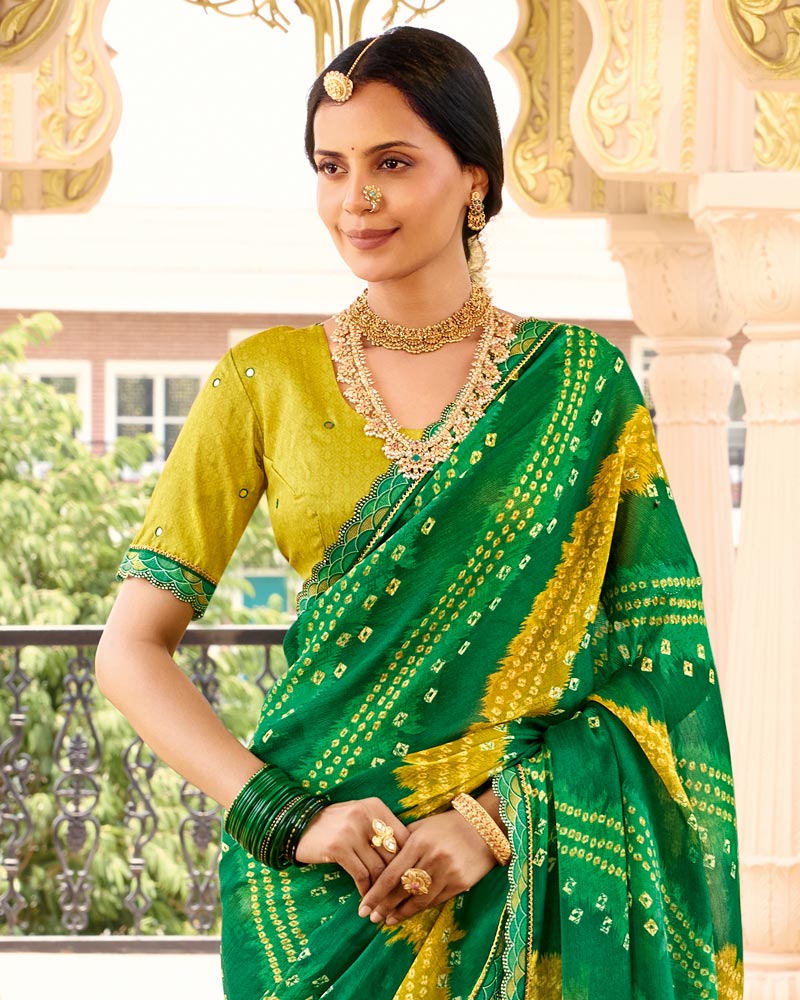 Vishal Prints Green Yellow Printed Chiffon Traditional Saree With Fancy Embroidery Border