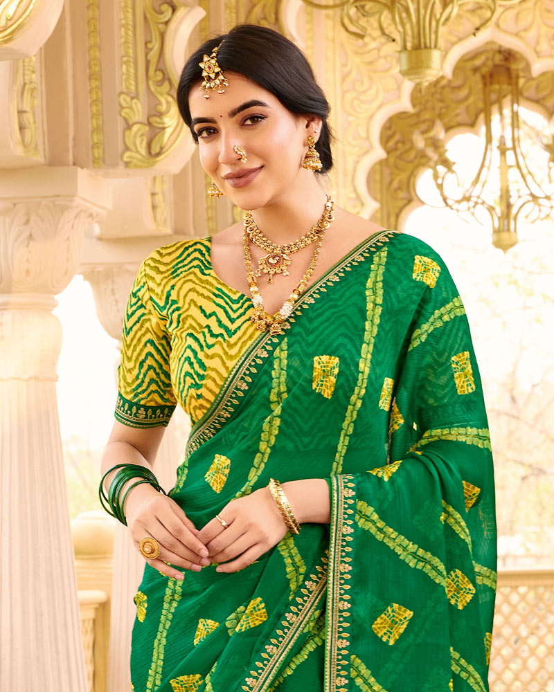 Vishal Prints Deep Green Printed Chiffon Traditional Saree With Fancy Embroidery Border