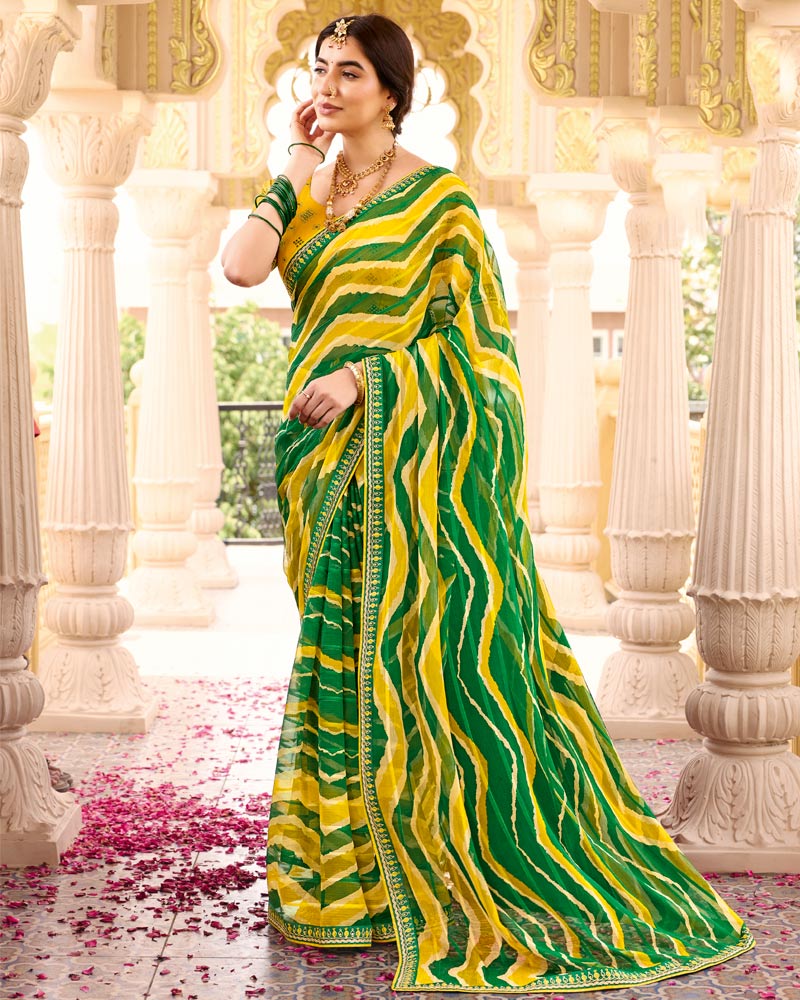 Vishal Prints Bright Yellow Printed Chiffon Traditional Saree With Fancy Embroidery Border