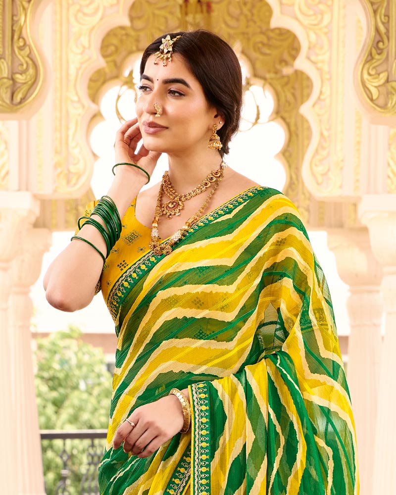 Vishal Prints Bright Yellow Printed Chiffon Traditional Saree With Fancy Embroidery Border