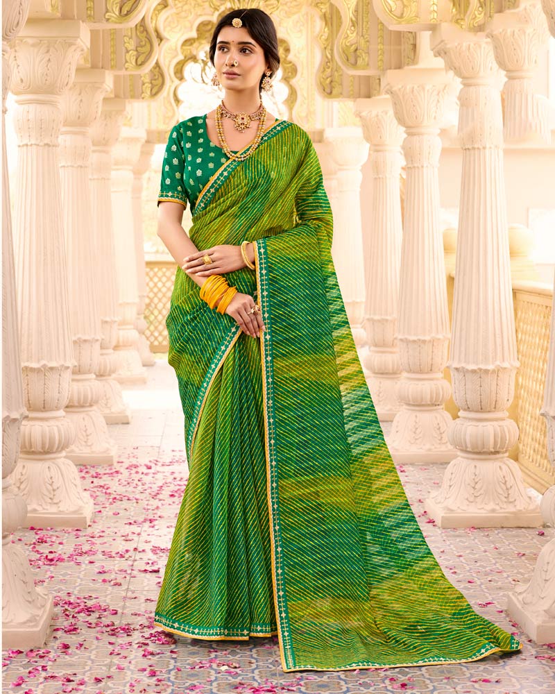 Vishal Prints Parrot Green Printed Chiffon Traditional Saree With Fancy Embroidery Border