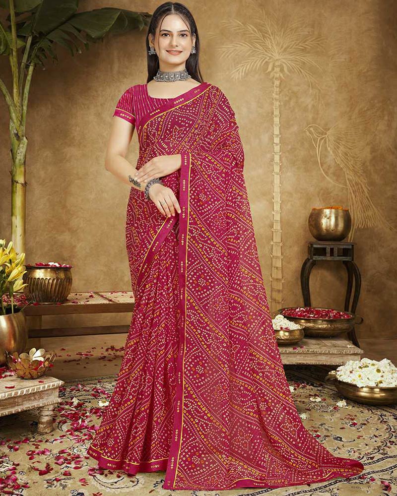 Vishal Prints Crimson Red Printed Georgette Bandhani Print Saree With Fancy Border