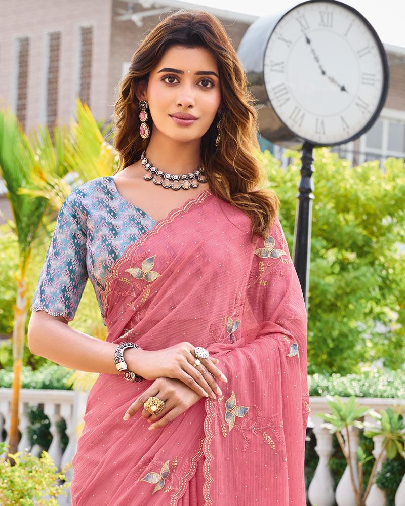 Vishal Prints Dusty Rose Pink Designer Chiffon Saree With Embroidery-Diamond Work And Cut Work Border