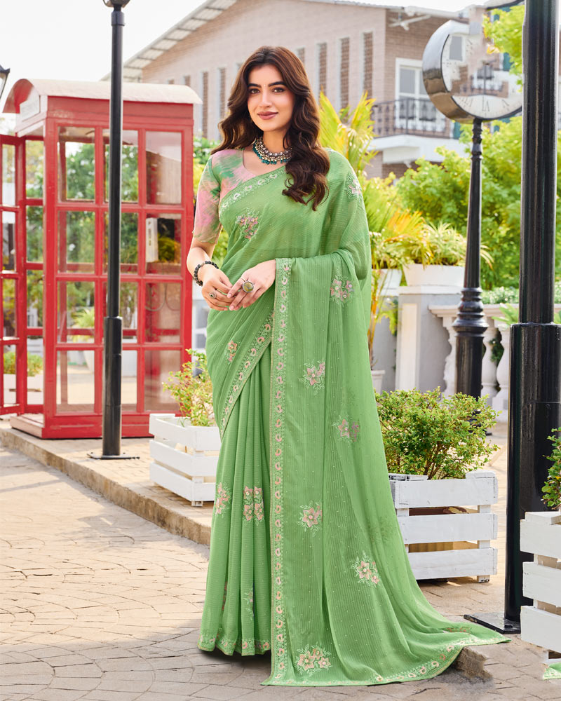 Vishal Prints Olivine Green Designer Chiffon Saree With Embroidery-Diamond Work
