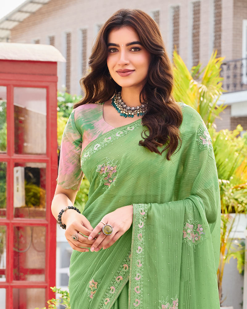 Vishal Prints Olivine Green Designer Chiffon Saree With Embroidery-Diamond Work