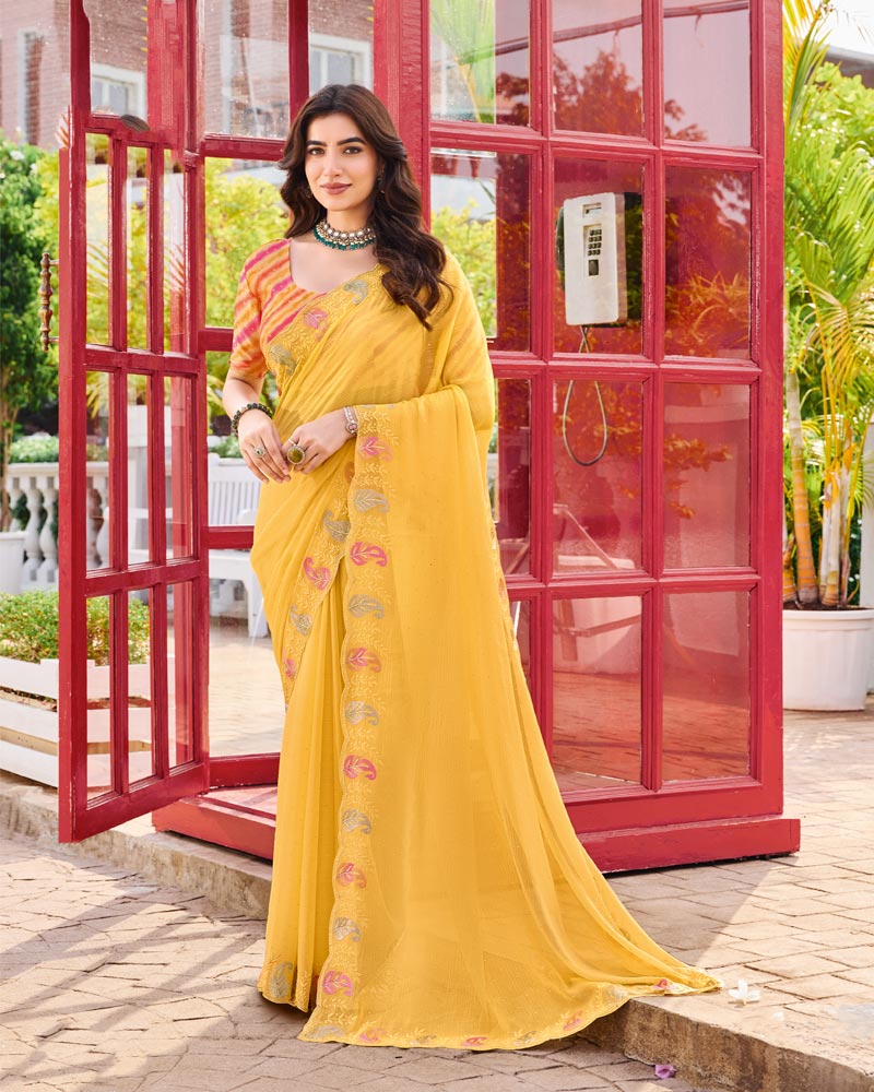 Vishal Prints Light Yellow Orange Designer Chiffon Saree With Embroidery-Diamond Work And Cut Work Border