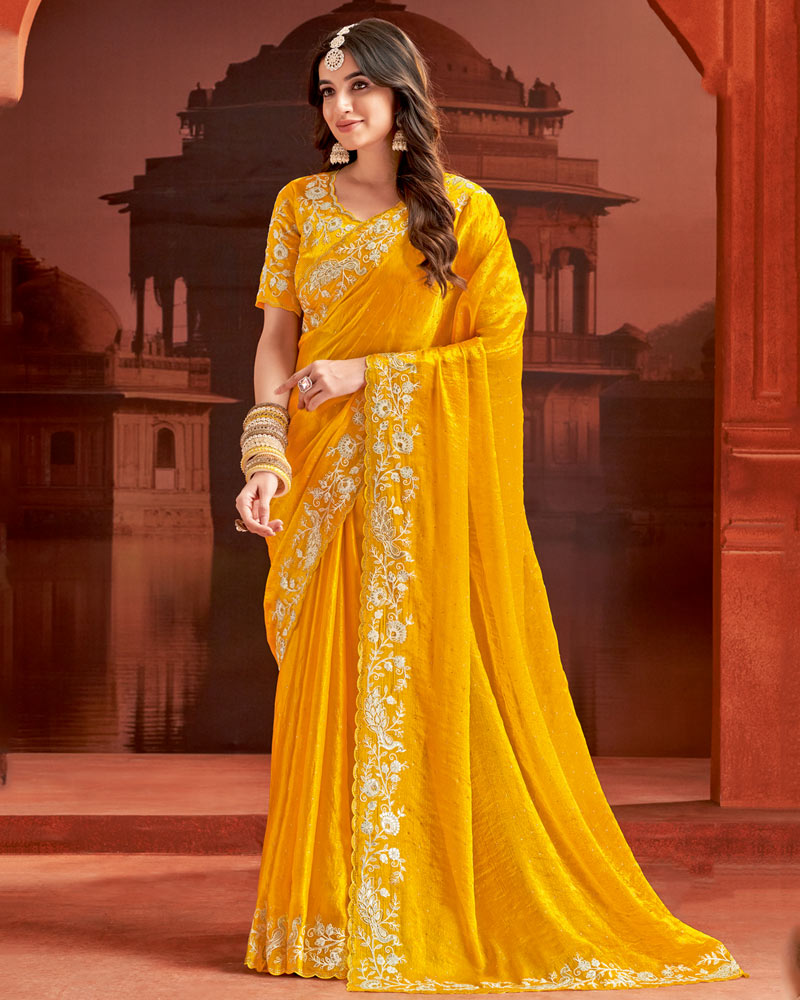 Vishal Prints Dark Yellow Designer Fancy Satin Saree With Embroidery Work And Cut Work Fancy Border