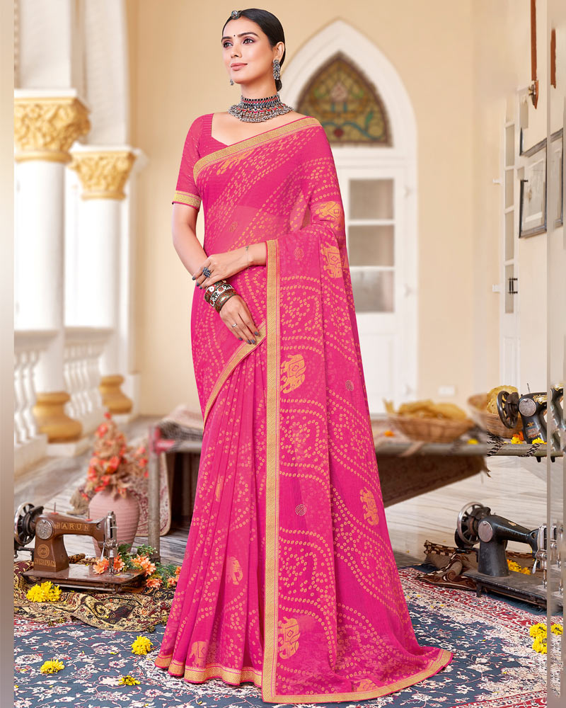 Vishal Prints Hot Pink Brasso Saree With Diamond Work And Zari Border