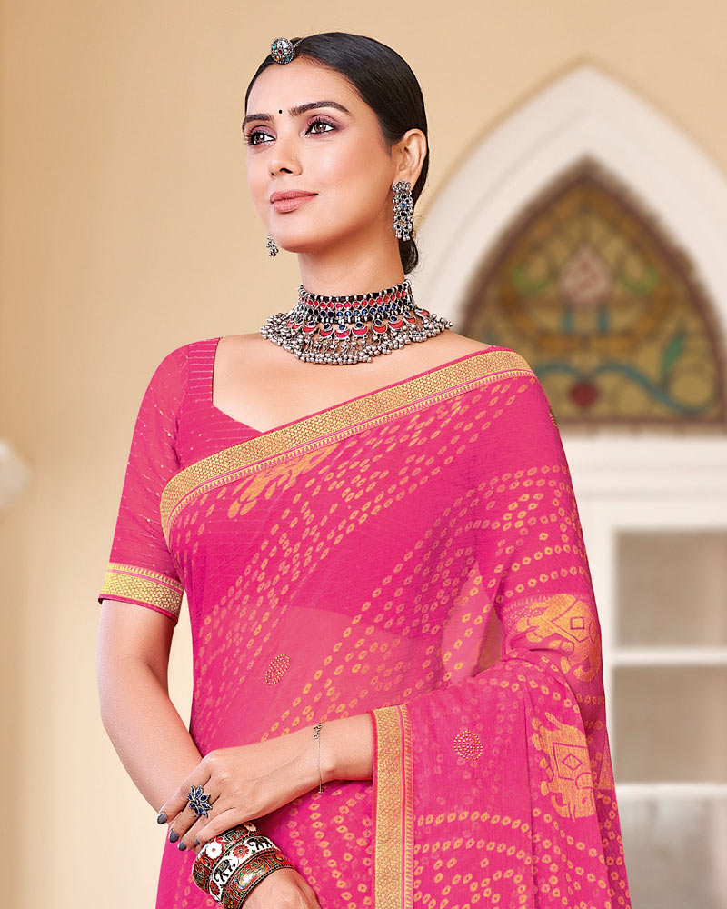 Vishal Prints Hot Pink Brasso Saree With Diamond Work And Zari Border