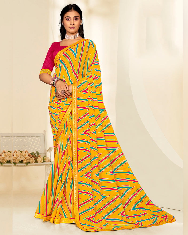 Vishal Prints Dark Yellow Printed Georgette Saree With Fancy Border