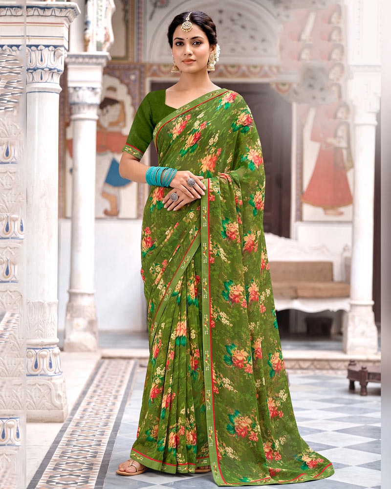 Vishal Prints Dark Khaki Green Printed Georgette Saree With Fancy Border