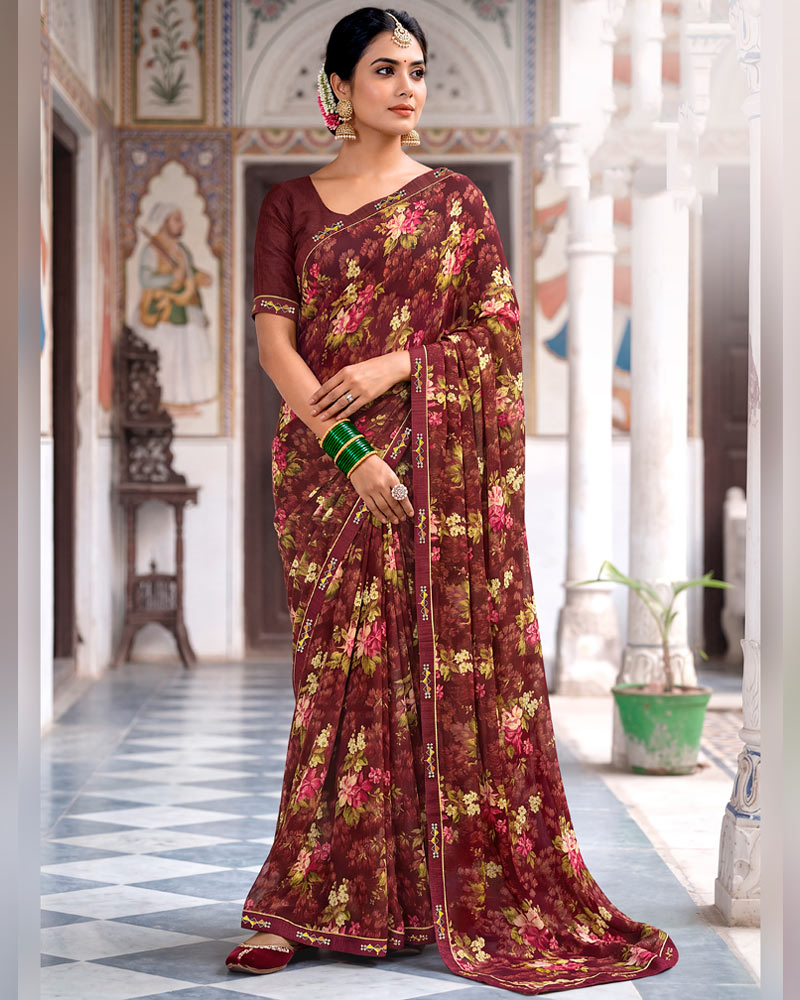 Vishal Prints Deep Brown Printed Georgette Saree With Fancy Border