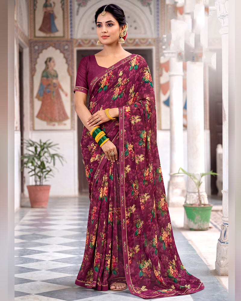 Vishal Prints Wine Berry Printed Georgette Saree With Fancy Border