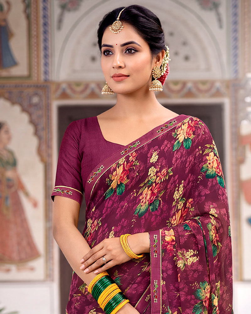 Vishal Prints Wine Berry Printed Georgette Saree With Fancy Border