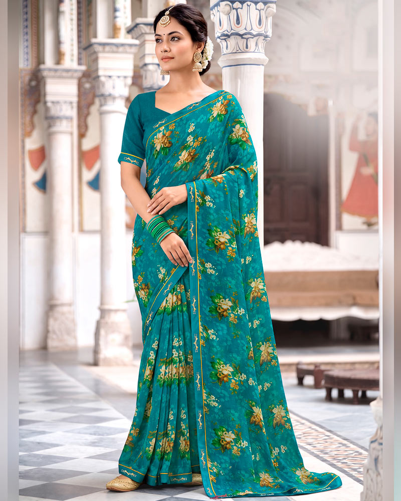 Vishal Prints Teal Blue Printed Georgette Saree With Fancy Border