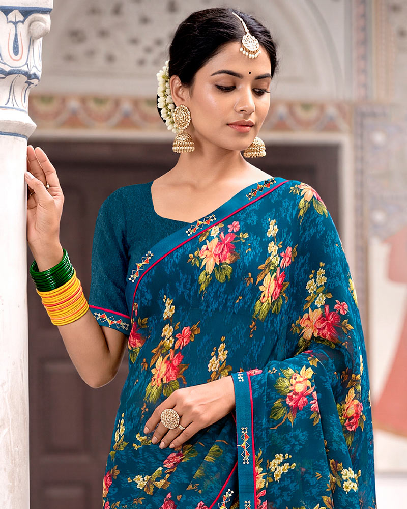 Vishal Prints Regal Blue Printed Georgette Saree With Fancy Border