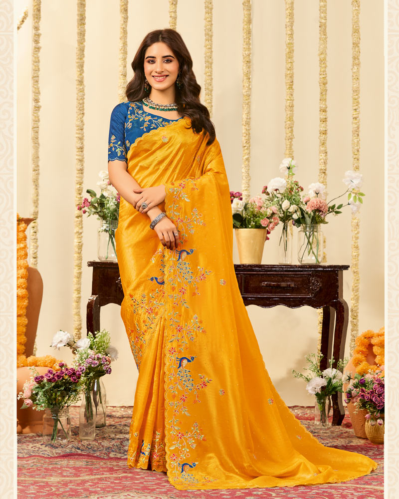 Vishal Prints Dark Shiny Yellow Designer Fancy Crushed Tissue Saree With Embroidery Diamond Work And Cut Work Border
