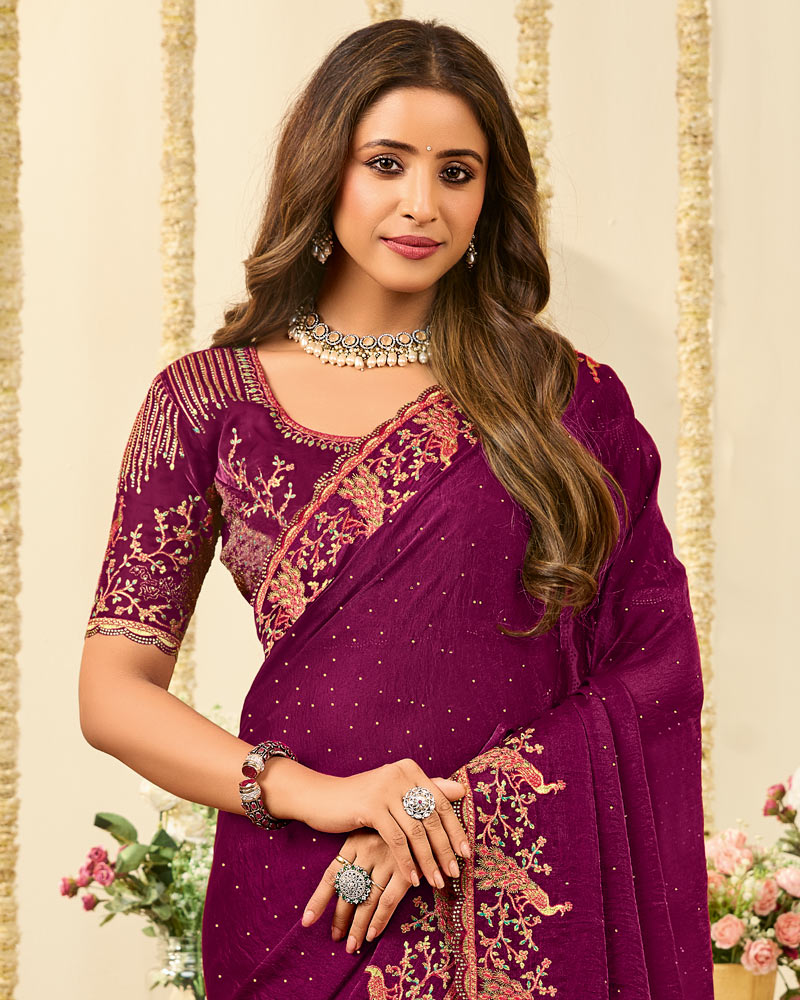 Vishal Prints Dark Wine Designer Fancy Satin Saree With Embroidery Diamond Work And Cut Work Border