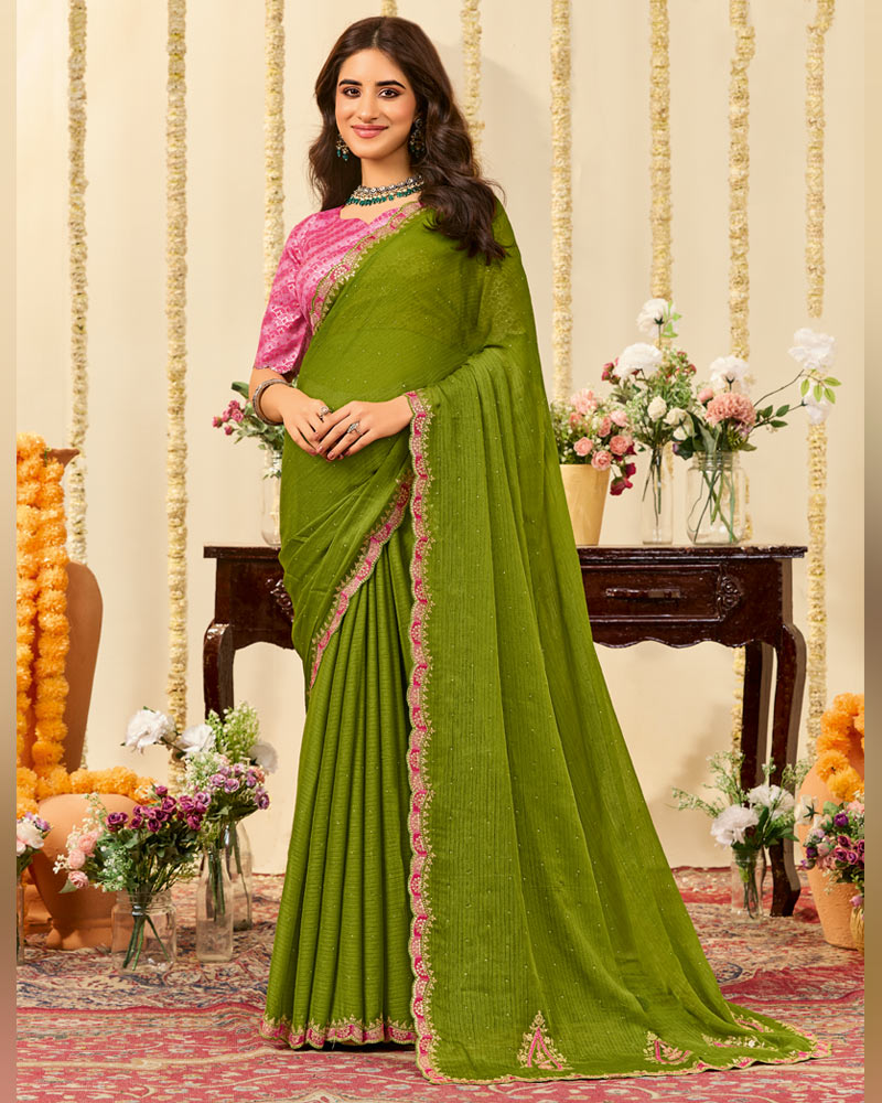 Vishal Prints Mehandi Green Designer Fancy Chiffon Saree With Embroidery Diamond Work And Cut Work Border