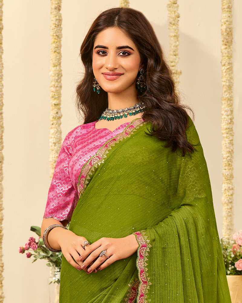 Vishal Prints Mehandi Green Designer Fancy Chiffon Saree With Embroidery Diamond Work And Cut Work Border
