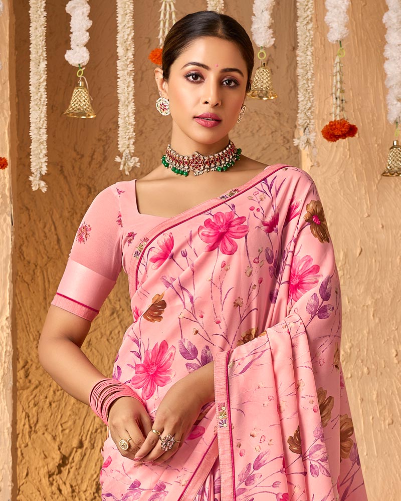 Vishal Prints Dark Salmon Pink Crepe-Georgette Digital Print Saree With Fancy Border