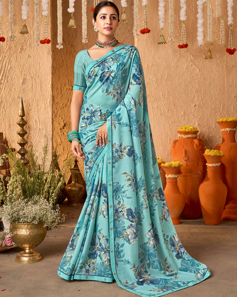 Vishal Prints Fountain Blue Crepe-Georgette Digital Print Saree With Fancy Border